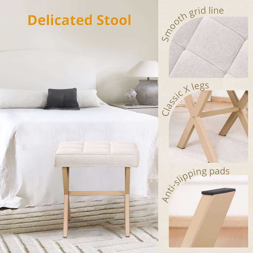 LUE BONA Square Linen Makeup Stool, Metal X Legs, Small Ottoman Stool Chair f...