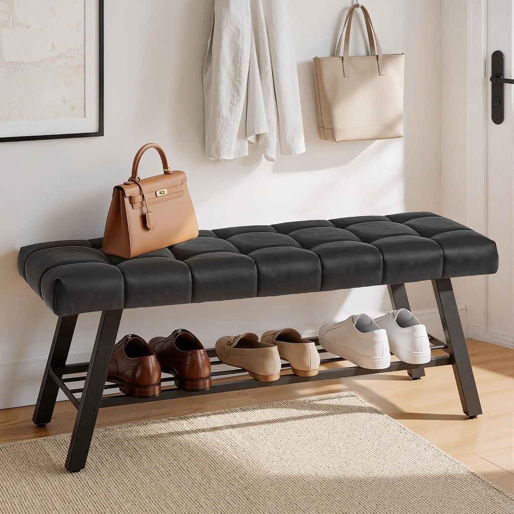 LUE BONA 45" Entryway Bench with Storage Shelf, End of Bed Bench with Tufted Faux Leather Seat, Bedroom Bench with Metal Frame, 330 LBS Capacity for Entryway, Living Room, Hallway, Black