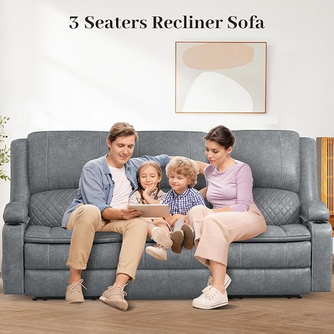 Recliner Sofa, 3 Seater Manual Reclining Sofa with 2-Tier Cushion, Reclining Couches for Living Room with Removable Console, Hidden Storage Space, Cup Holders - Gray