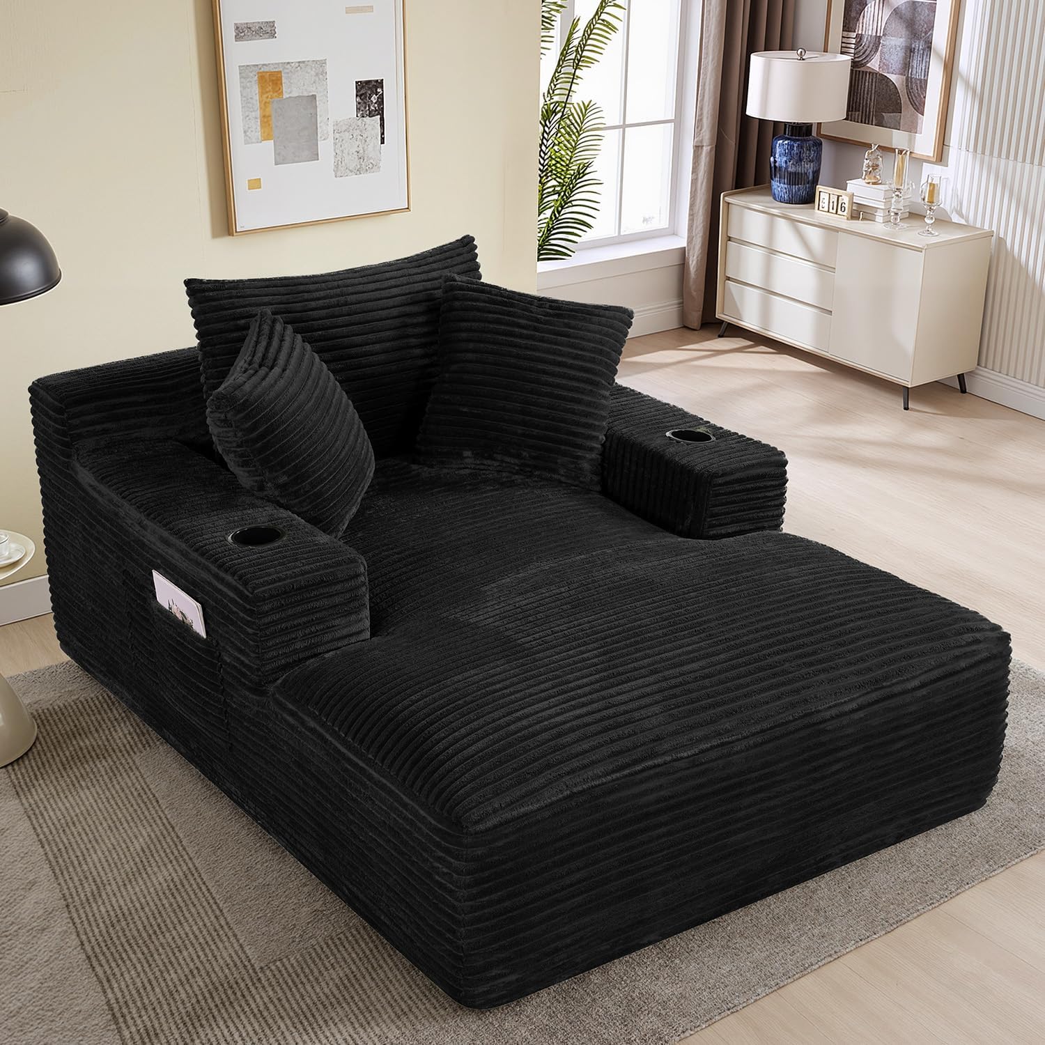 50" x 68" Corduroy Chaise Lounge, Cup Holders, Black | Oversized corduroy chaise with a deep sleeper seat, built-in cup holders, and 3 pillows for reading, lounging.