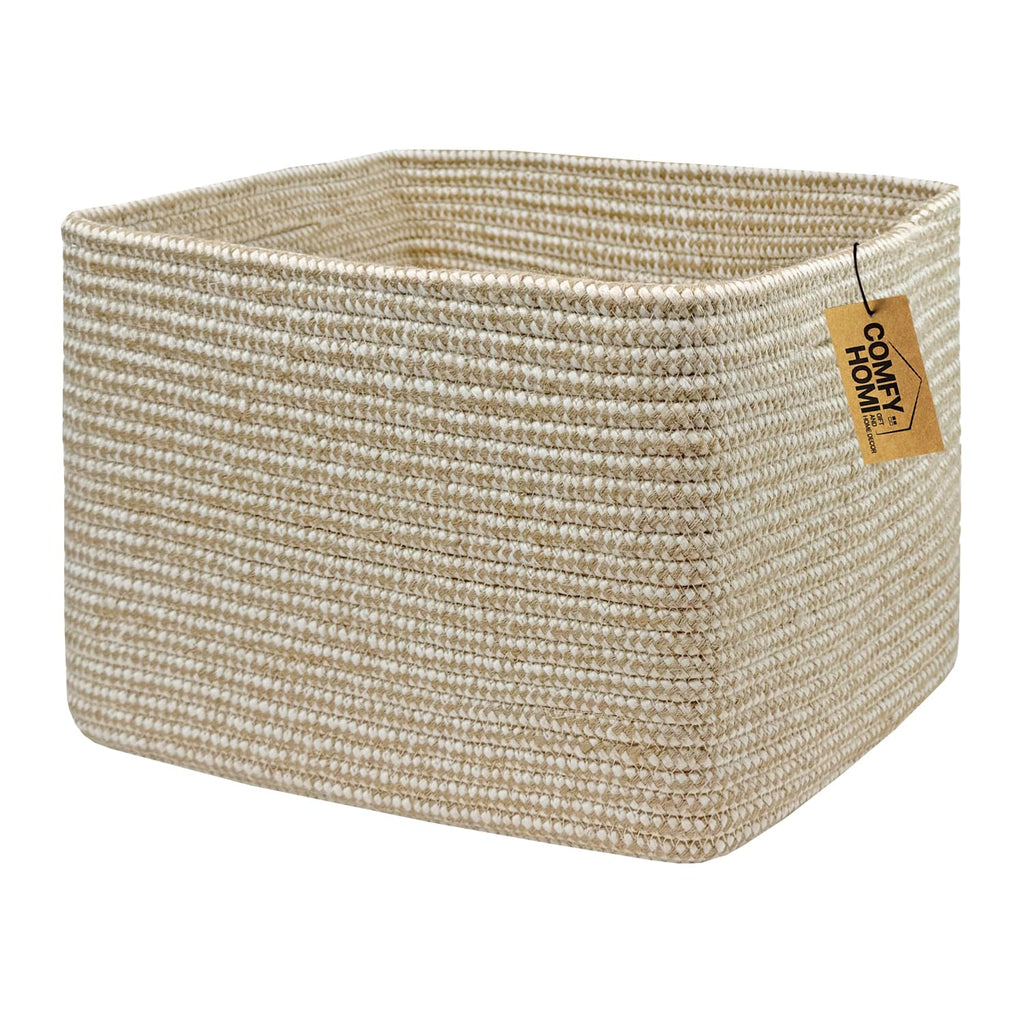 COMFY-HOMI Cotton Rope Woven Basket with Handles for Shelves,Toys,Book, Cloth Storage Baskets Bin for Organizing- 1 PCSToy Decorative Organizer for Living Room, Bathroom