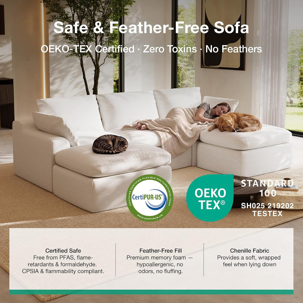 Novilla Modular Cloud Couch, Modern Sectional Sofa with Smarts Coil® Support, Chenille Fabric, Upholstered Couch for Living Room Apartments Bedroom, No Assembly, Ottoman, White