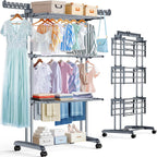 PurKeep 𝟔𝟓% 𝐎𝐅𝐅 Clothes Drying Rack with Wheels, 4 Tier Folding Drying Rack, Heavy Duty Laundry Drying Rack with Expandable Side Wings, Indoor Outdoor Clothes Air Drying Rack for Large Family