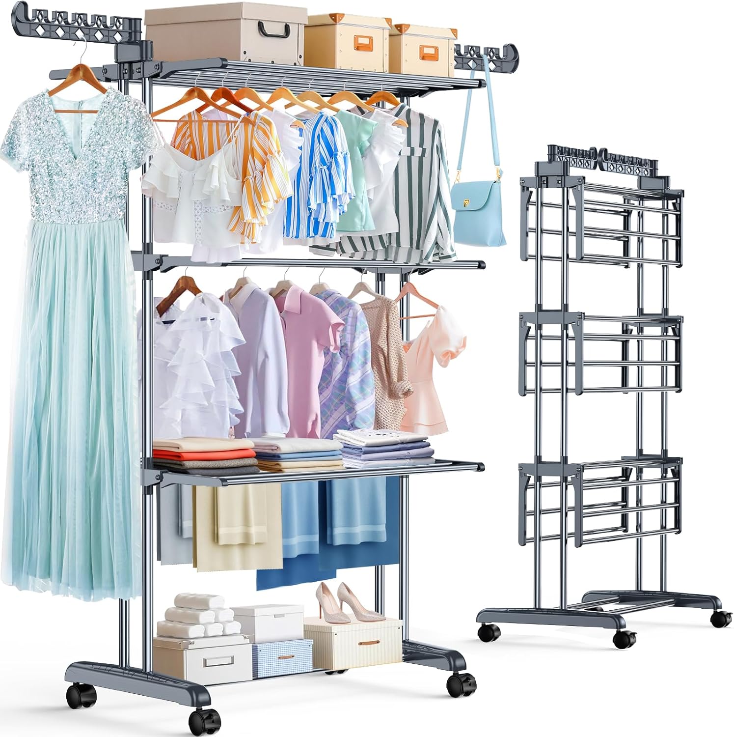 PurKeep 𝟔𝟓% 𝐎𝐅𝐅 Clothes Drying Rack with Wheels, 4 Tier Folding Drying Rack, Heavy Duty Laundry Drying Rack with Expandable Side Wings, Indoor Outdoor Clothes Air Drying Rack for Large Family