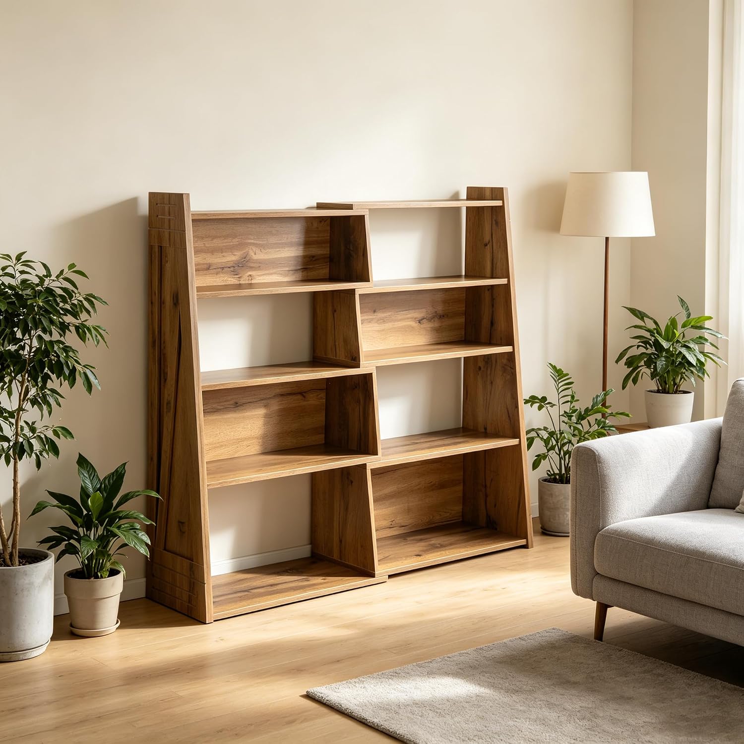 Expandable Bookshelf, 3-Tier Ladder Bookcase,Walnut | Irregular Design | Anti-Tilt Structure | Durable Extendable Corner Shelf | for Living Room, Study & Bedroom