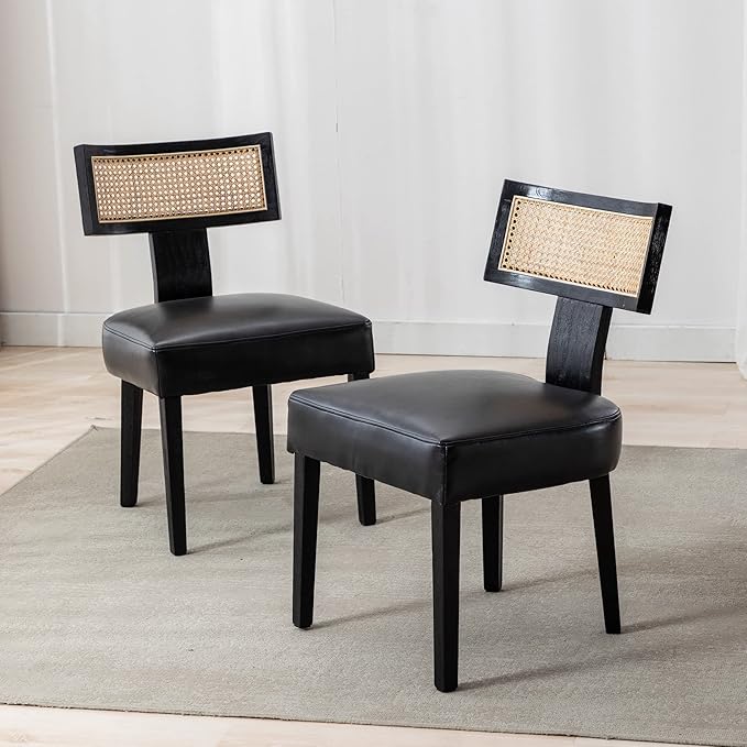 Rattan Dining Chairs Set of 2, Modern PU Leather Upholstered Kitchen Chairs, Wooden Dining Room Chair Farmhouse Dinner Chair with Black Wood Frame, Black
