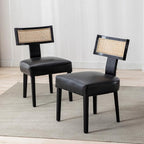 Rattan Dining Chairs Set of 2, Modern PU Leather Upholstered Kitchen Chairs, Wooden Dining Room Chair Farmhouse Dinner Chair with Black Wood Frame, Black