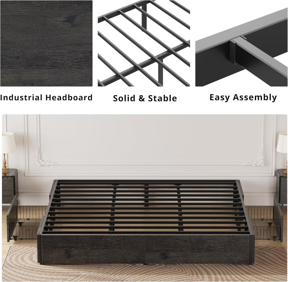 LIKIMIO King Bed Frame with 4 Storage Drawers, Charcoal Grey