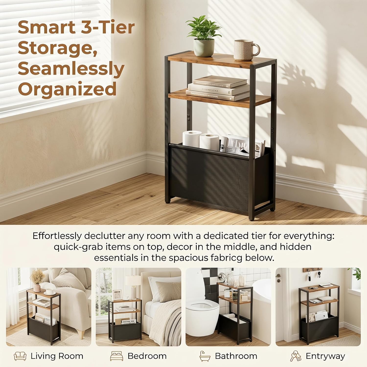 Leomonio Narrow Side Table, Slim End Tables with Fabric Basket, Skinny Table for Small Spaces, Thin Bedside Table for Living Room, Bedroom