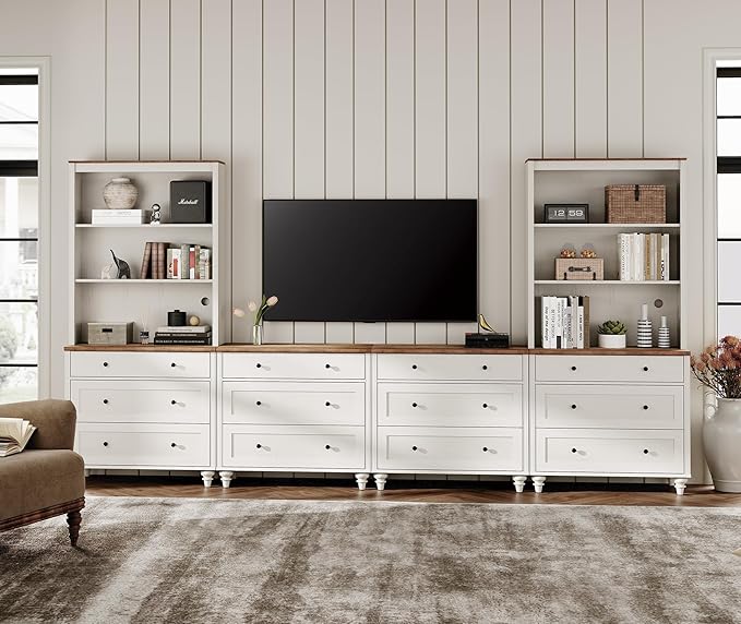 WAMPAT Entertainment Center with Bookshelves for TVs up to 75", Farmhouse Wall Unit TV Stand with Drawers, Media Console Table for Living Room, Bedroom & Home Theater, White