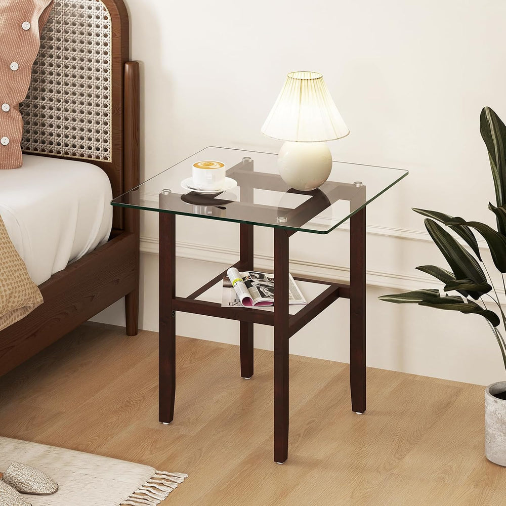 Tangkula 24" Square Glass Side Table, 2-Tier End Table with Storage Shel...
