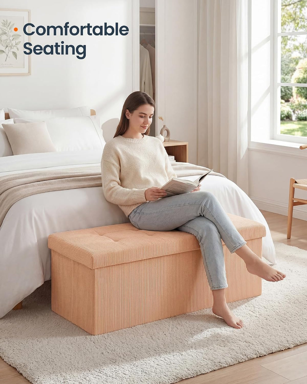 SONGMICS Home Ottoman with Storage, Removable Lid, Folding Storage Chest, Eas...