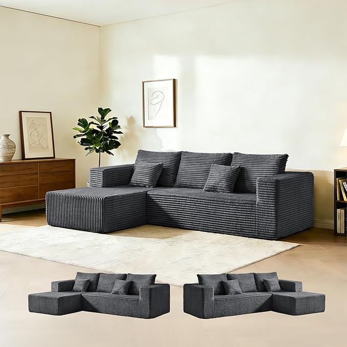106" Dark Gray Corduroy Boneless Modular Sectional Sofa, Cloud-Louch Deep Seat Sofa with Left Chaise for Living Room & Bedroom（L-Shaped Right Hand Facing）