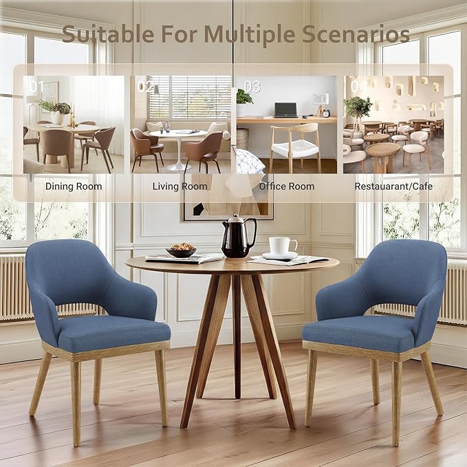 Wooden Dining Chairs Set of 6, Modern Fabric Upholstered Dining Room Chair, Kitchen Side Chairs, Farmhouse Dinner Chair with Open Back for Kitchen, Blue