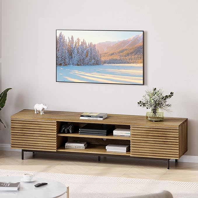 BELLEZE Fluted TV Stand for TV up to 75", Modern Entertainment Center wi...