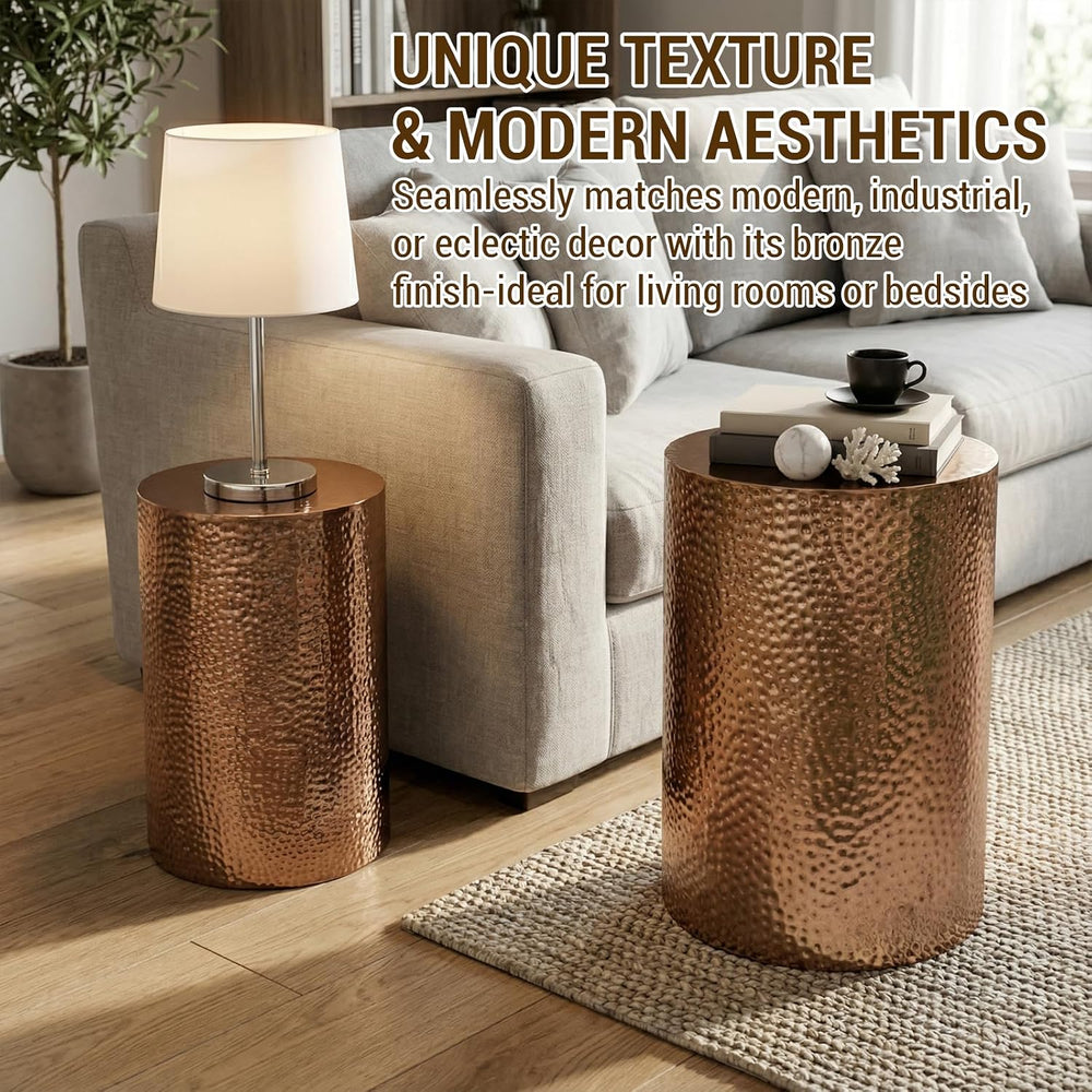 MyGift Set of 2 Modern Hammered Metal Bronze Round End Tables, Home Accent Si...