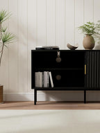 TV Stand for Living Room Farmhouse Entertainment Center with Fluted Sliding Doors TV Console Cabinet with Adjustable Shelf and Storage Media Console, Black