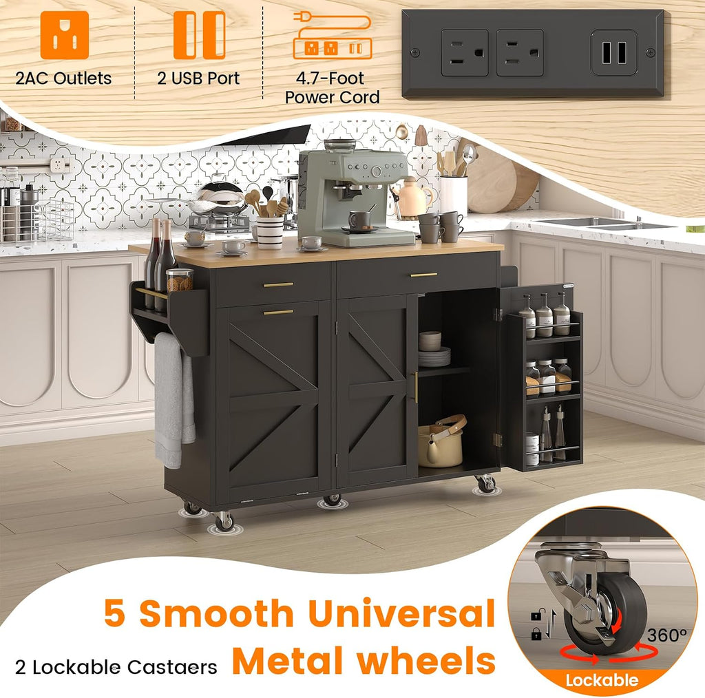 VVFLU 51.8" Kitchen Island Cart with Trash Can Storage, Kitchen Island on Wheels with Power Outlet & Drop Leaf, Rolling Kitchen Cart with Towel Rack & Spice Rack, Mobile Islands Table for Kitchen