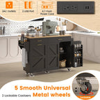 VVFLU 51.8" Kitchen Island Cart with Trash Can Storage, Kitchen Island on Wheels with Power Outlet & Drop Leaf, Rolling Kitchen Cart with Towel Rack & Spice Rack, Mobile Islands Table for Kitchen