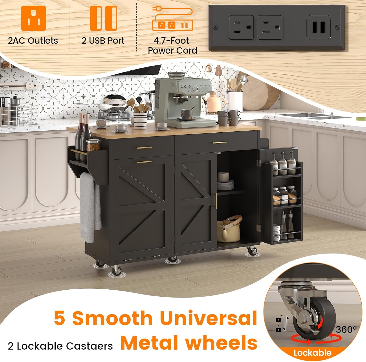 VVFLU 51.8" Kitchen Island Cart with Trash Can Storage, Kitchen Island on Wheels with Power Outlet & Drop Leaf, Rolling Kitchen Cart with Towel Rack & Spice Rack, Mobile Islands Table for Kitchen