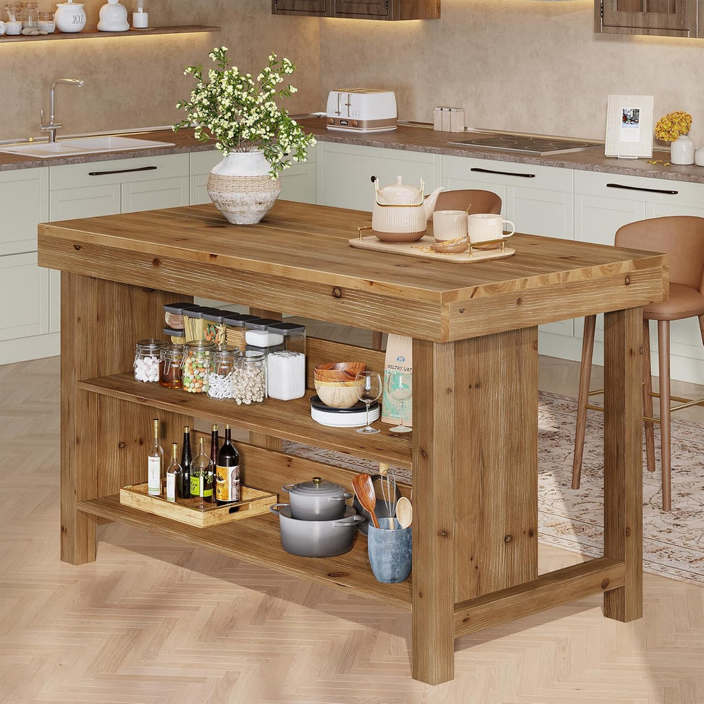 Solid Wood Large Kitchen Island, 3-Tier 55 Inch Stationary Center Island Table with Open Storage Shelves, Farmhouse Counter Height Coffee Bar for Kitchen, Dining Room, Living Room, Brown