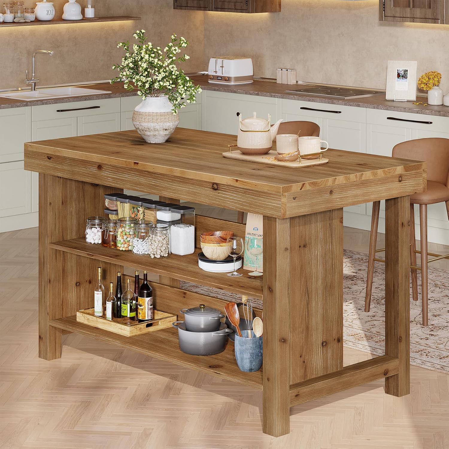 Solid Wood Large Kitchen Island, 3-Tier 55 Inch Stationary Center Island Table with Open Storage Shelves, Farmhouse Counter Height Coffee Bar for Kitchen, Dining Room, Living Room, Brown