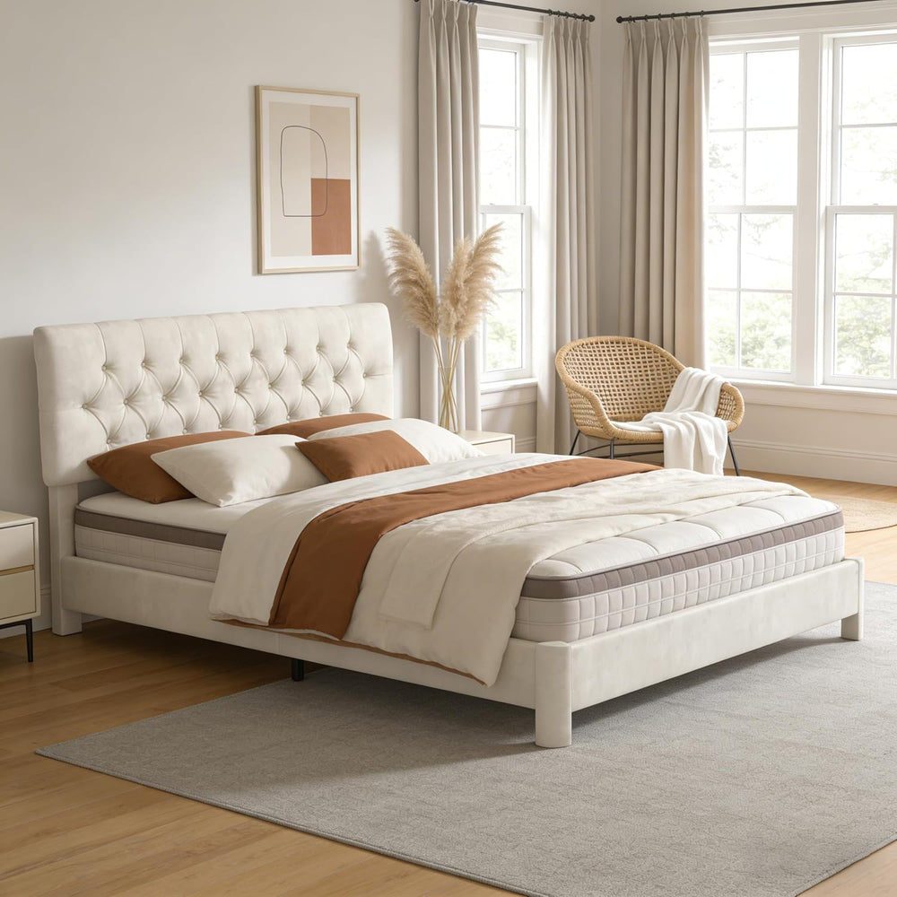 Queen Size Bed Frame with Headboard, Luxury Velvet Fabric Upholstered Bed fra...