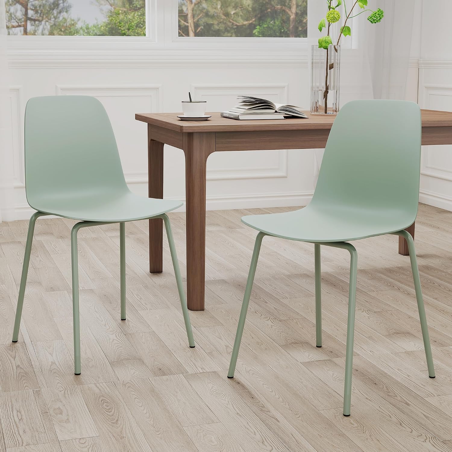 Mid Century Kitchen Chairs Set of 4,Green Plastic Dining Chairs Outdoor Chairs with Metal Legs for Living & Dining Room(4pc,Mint Green)