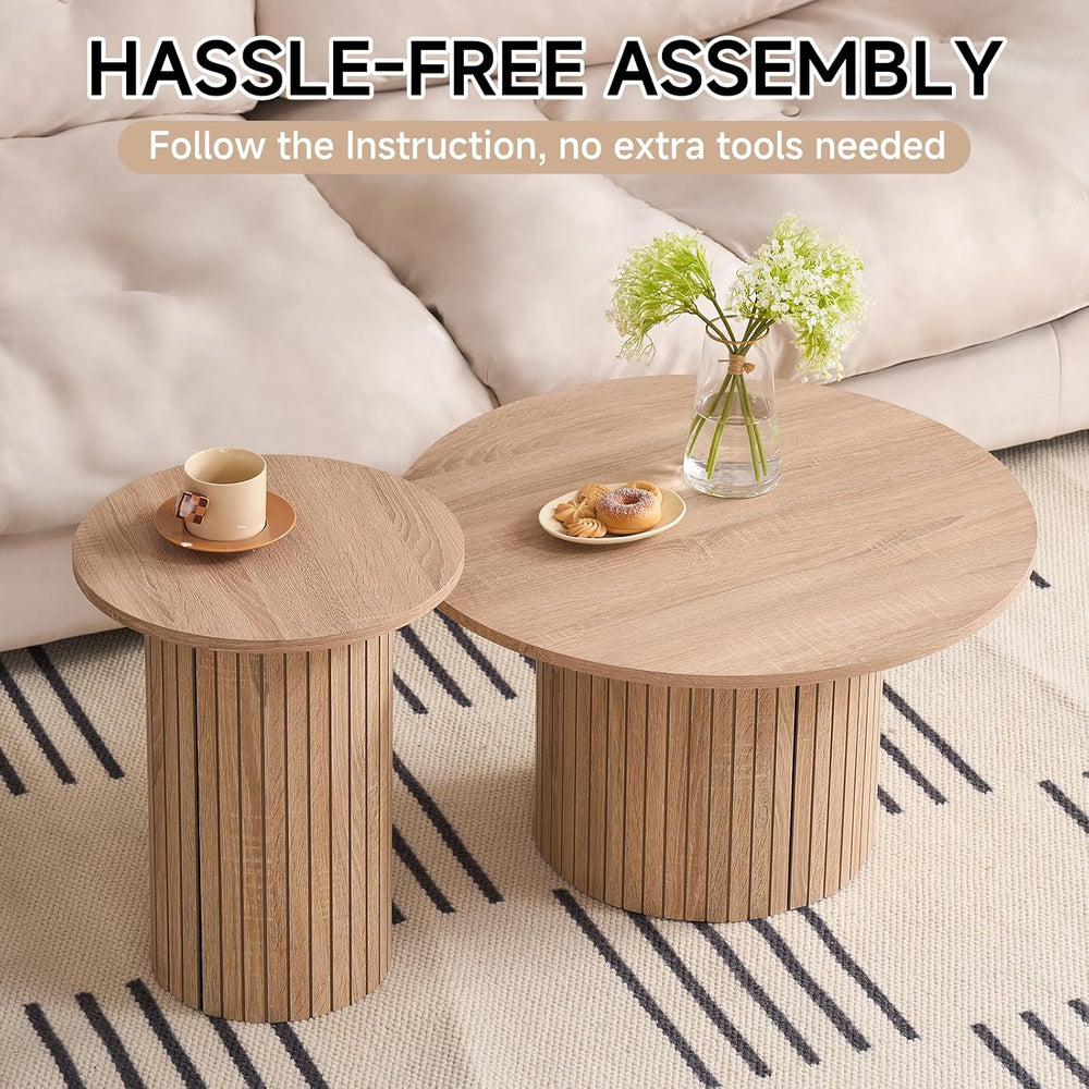 Round Nesting Coffee Tables Set of 2, Mid Century Modern Small Wood Side Tabl...