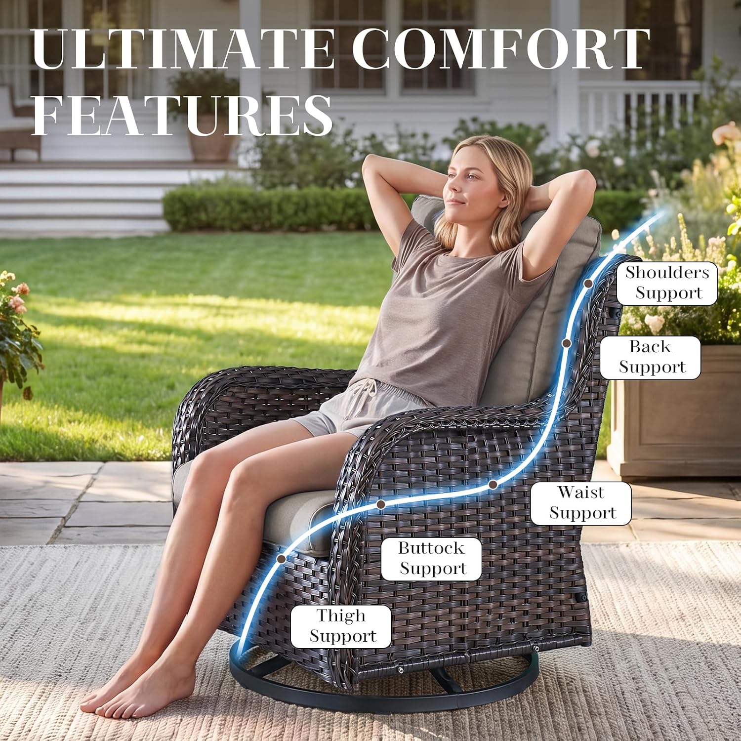 Wicker Rocking Chair Swivel Chairs - 4 Piece Rocker Patio Chairs Set Rattan Rocking Chair for Outdoor Porch Deck Garden Backyard(Brown/Grey)