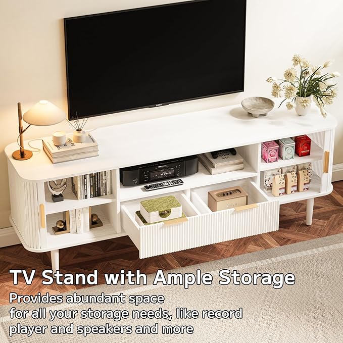 TV Stand 62.4 Inch Mid Century Modern Media Console Table with Drawer Sliding Tambour Door Farmhouse Sideboard Buffet Cabinet Fits TVs up to 75 inch Fluted Wood Entertainment Center(White)