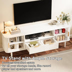 TV Stand 62.4 Inch Mid Century Modern Media Console Table with Drawer Sliding Tambour Door Farmhouse Sideboard Buffet Cabinet Fits TVs up to 75 inch Fluted Wood Entertainment Center(White)