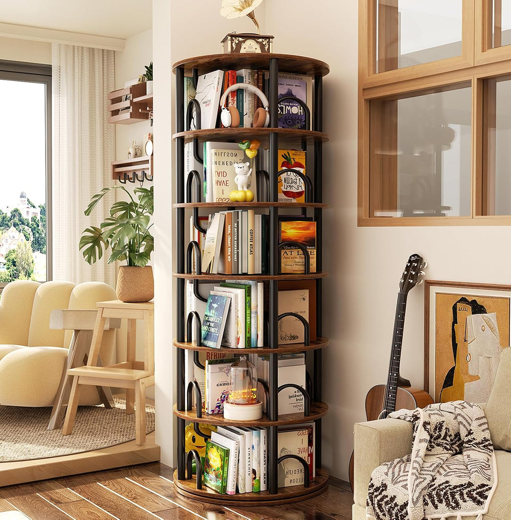 Aheaplus 6 Tier Rotating Bookshelf Tower, Revolving Bookcase, Rustic Brown