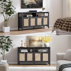 SICOTAS Rattan TV Stand for Television up to 120 Inch - Large Entertainment Center with Storage and Open Shelves, Boho Media TV Console Cabinet with Doors and Adjustable Shelf for Living Room