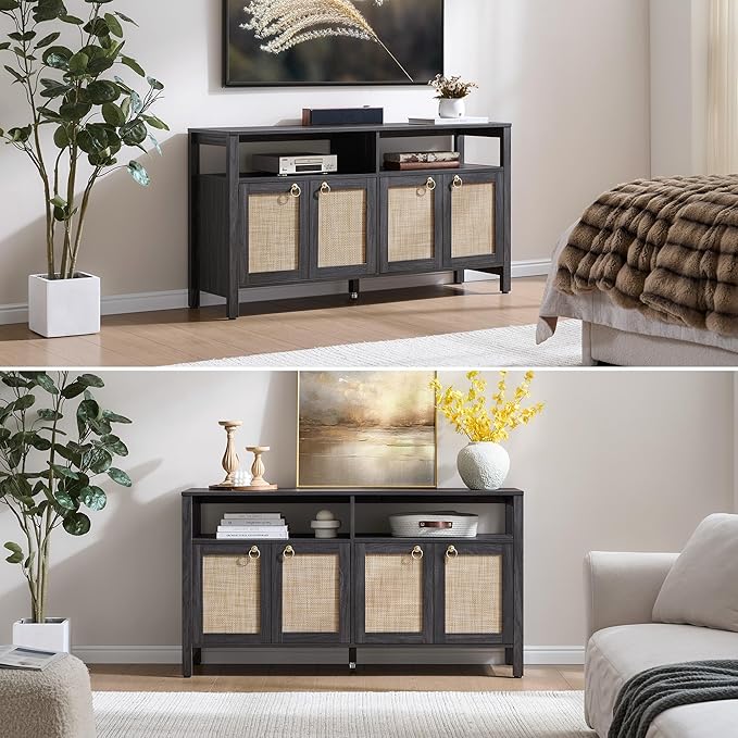 SICOTAS Rattan TV Stand for Television up to 120 Inch - Large Entertainment Center with Storage and Open Shelves, Boho Media TV Console Cabinet with Doors and Adjustable Shelf for Living Room