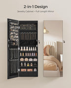SONGMICS Hanging Jewelry Cabinet, Wall-Mounted Cabinet with LED Interior Lights, Door-Mounted Jewelry Organizer, Full-Length Mirror, Christmas Gift Idea, Ink Black UJJC099B01