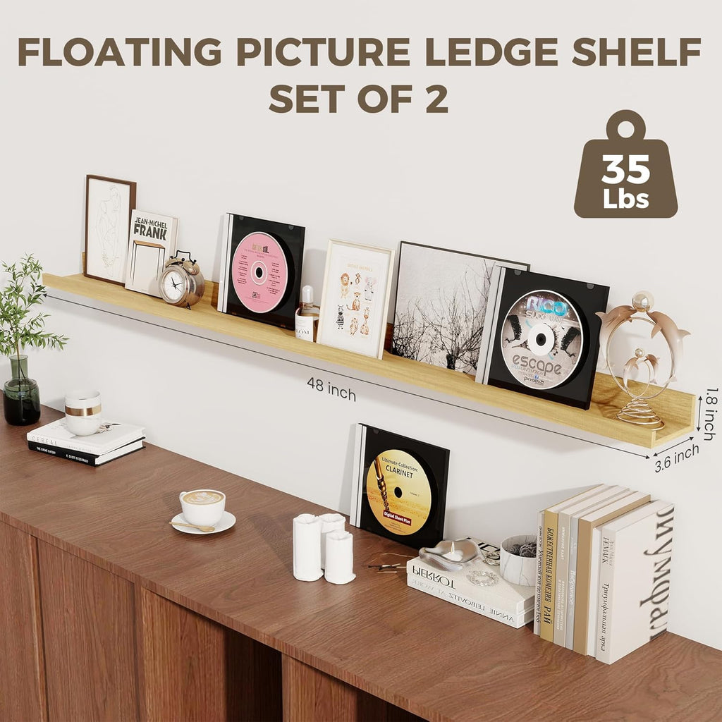 Axeman Oak Floating Shelves | 48 Inch Picture Ledge Shelf Set of 2 | Rustic Oak Picture Shelf for Wall with Ledge | Floating Shelves with Lip | Photo Ledge Shelves
