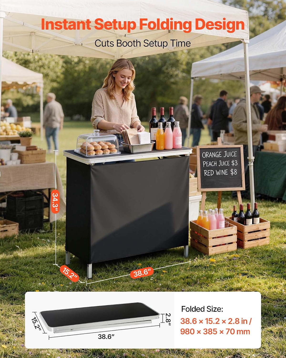 VEVOR Folding Portable Bar Table, 38.6 x 15.2 x 34.3 in, with Carry Bag, Storage Shelf, and Detachable Skirt, Quick and Easy Setup, Foldable Mobile Bartending Station for Events, Party, Tradeshow
