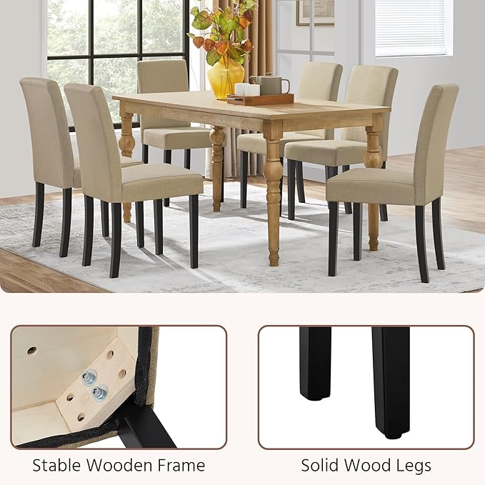 Yaheetech Dining Chairs Set of 6 Fabric Upholstered Parson Kitchen Chairs with Padded Seat and Solid Wood Legs for Dining Room/Restaurant, Khaki