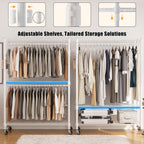 BATHWA Heavy Duty Garment Rack on Wheels, Rolling Clothes Racks for hanging clothes, Modern Closet Wardrobe Clothing Rack with 8 Side Hangers, White