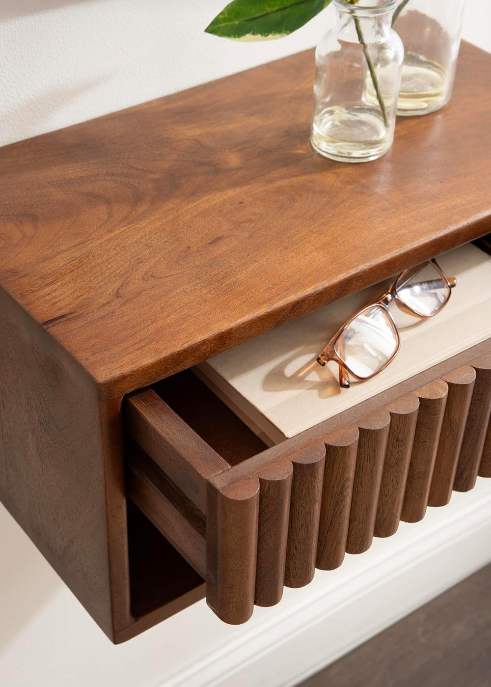 Kate and Laurel Reid Ribbed Wooden Tiered Floating Side Table, 18 x 10 x 9, W...