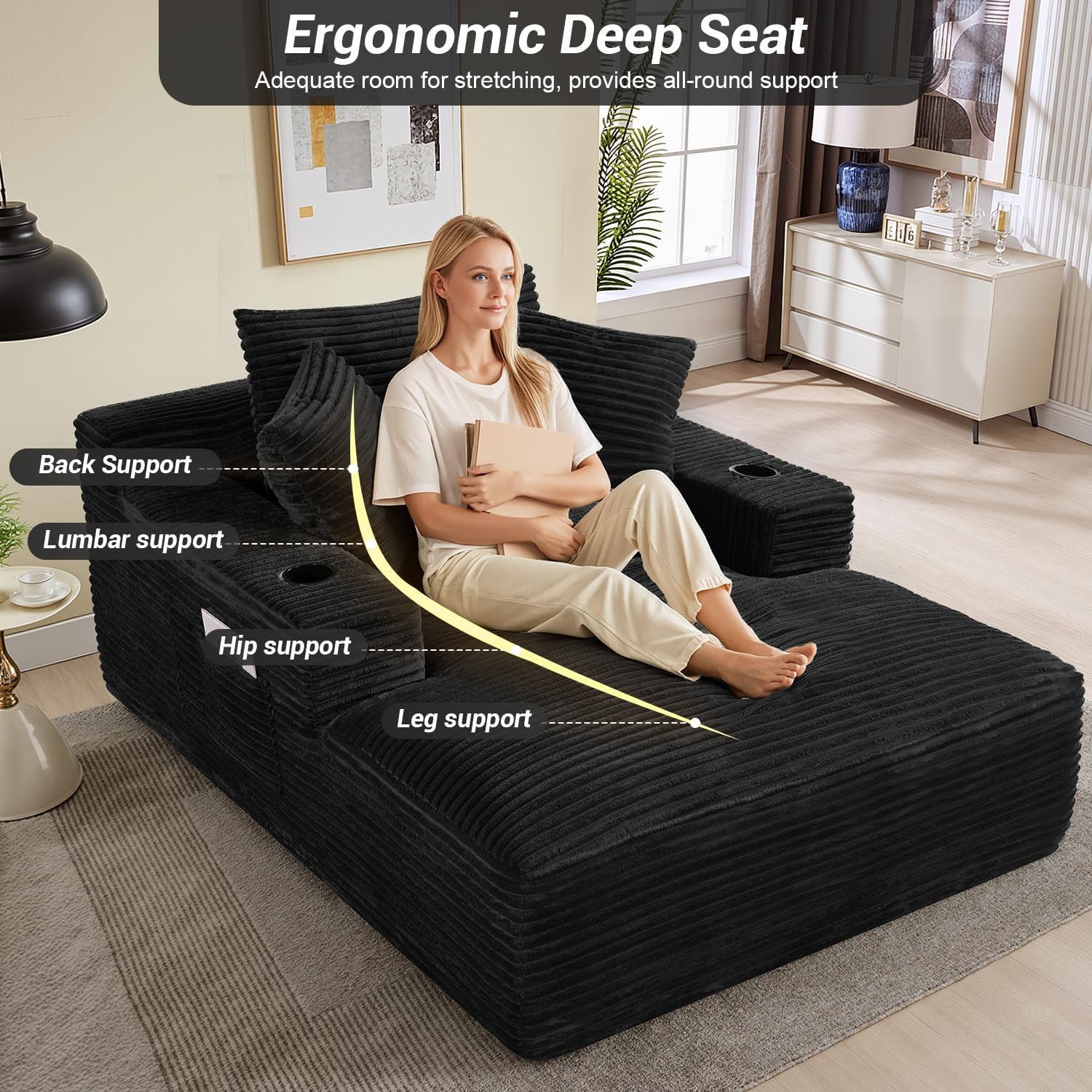50" x 68" Corduroy Chaise Lounge, Cup Holders, Black | Oversized corduroy chaise with a deep sleeper seat, built-in cup holders, and 3 pillows for reading, lounging.