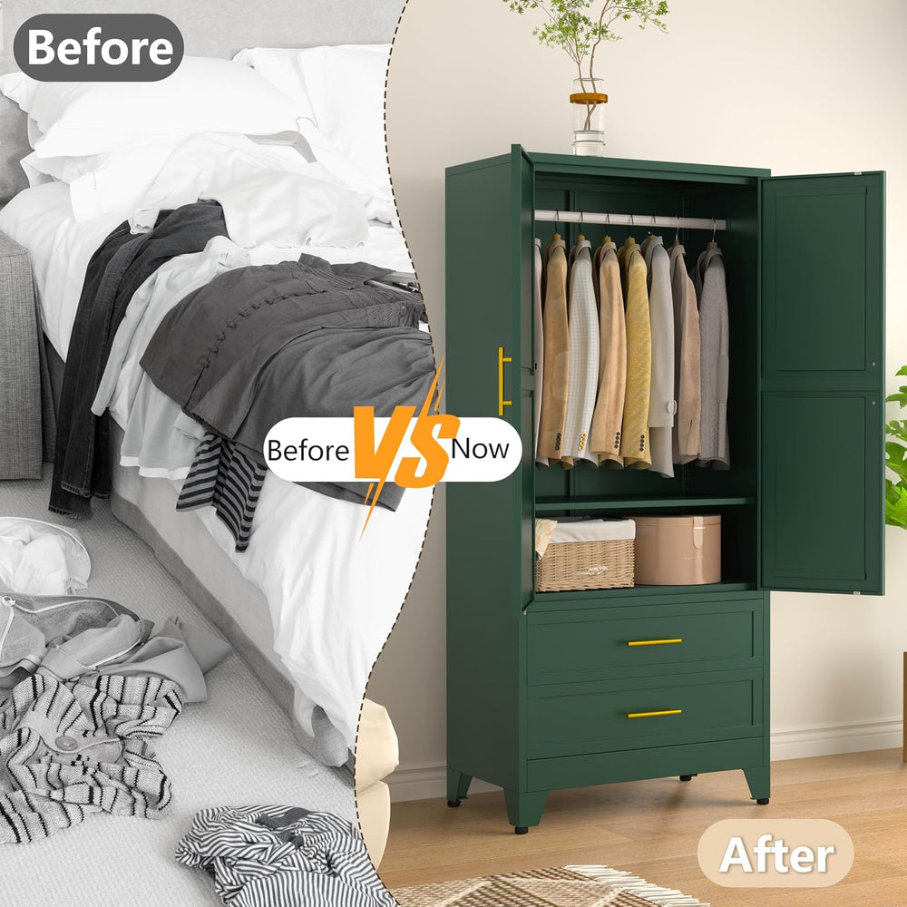 Metal Armoire Wardrobe Closet Cabinet with Hanging Rod, 2 Drawers