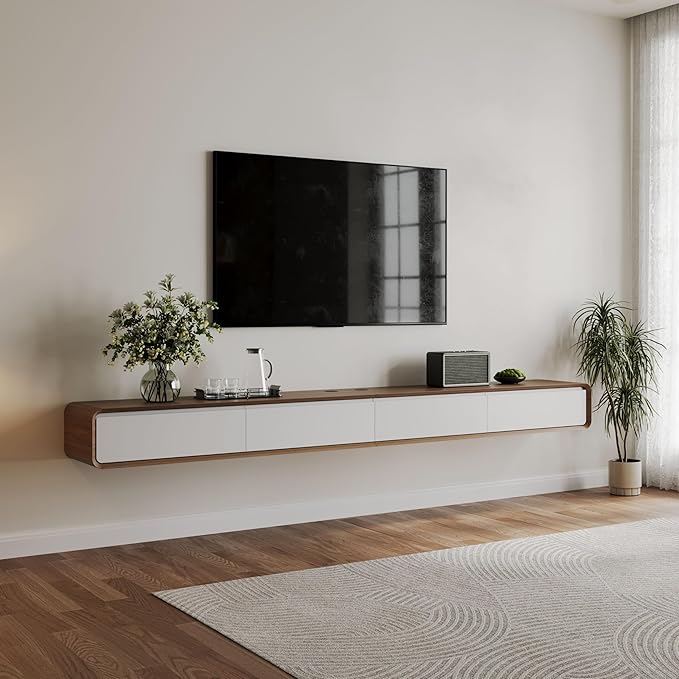 POVISON Fully-Assembled Minimalist Floating TV Stand, Modern Wall-Mounted Entertainment Center with 4 Flip-Down Cabinet Doors, Solid Wood Media Console, 110.24"