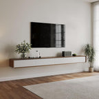 POVISON Fully-Assembled Minimalist Floating TV Stand, Modern Wall-Mounted Entertainment Center with 4 Flip-Down Cabinet Doors, Solid Wood Media Console, 110.24"