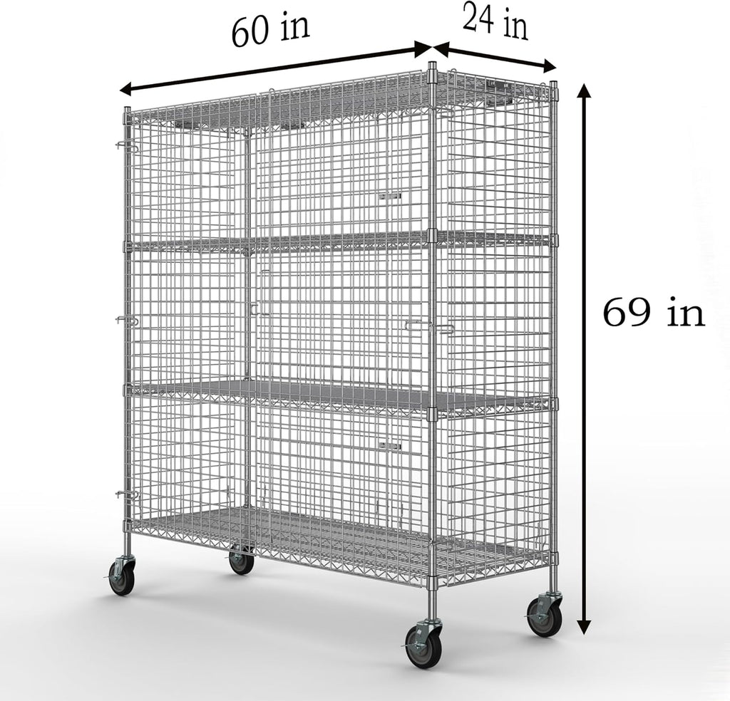 24" W x 60" L x 69" H Heavy Duty Utility Commercial Grade Metal Storage NSF Unit | Chrome Mobile Security Wire Cage Kit