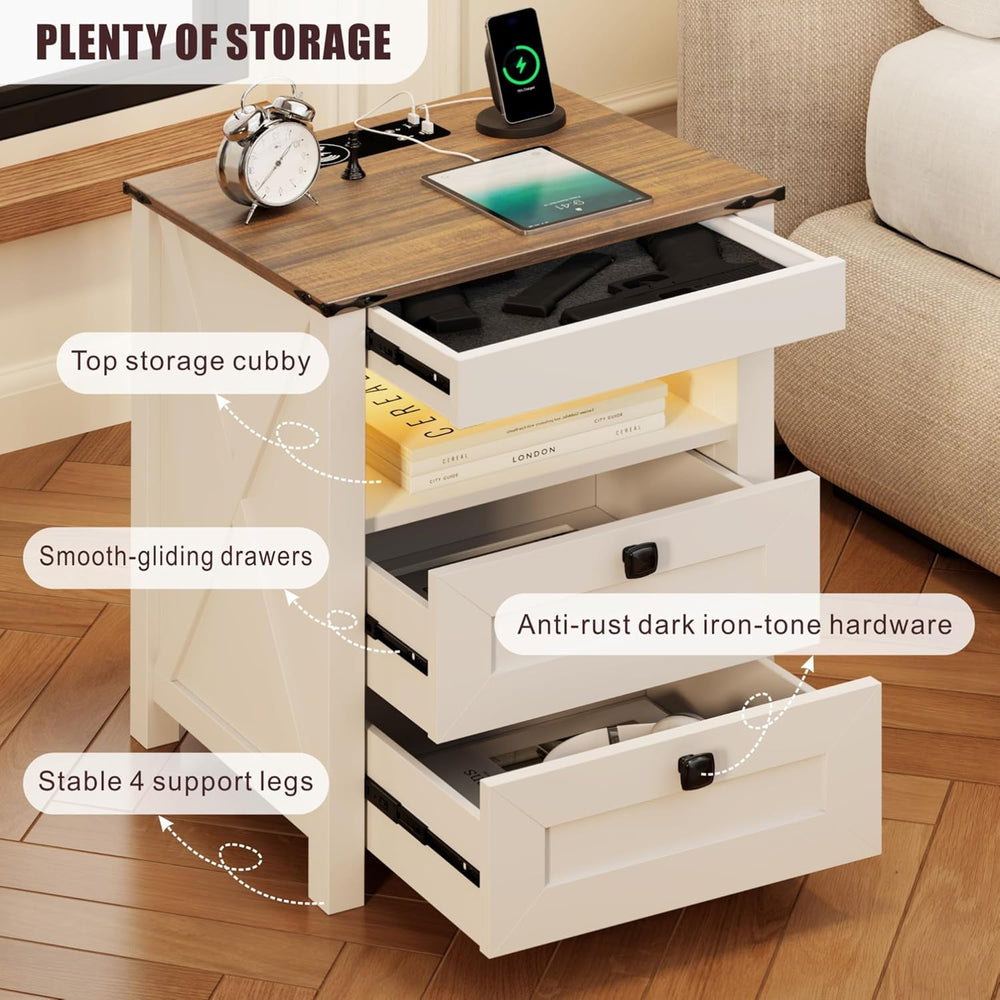HWB LED Nightstand Set of 2 with Gun Drawer: Bedside Table with Charging Stat...
