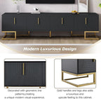 Ball & Cast Modern TV Stand with Storage Cabinets for TVs up to 80", Luxury Media Console w/Metal Legs & Gold Handles,Geometric Lines & Adjustable Shelf,Entertainment Center for Living Room,Black