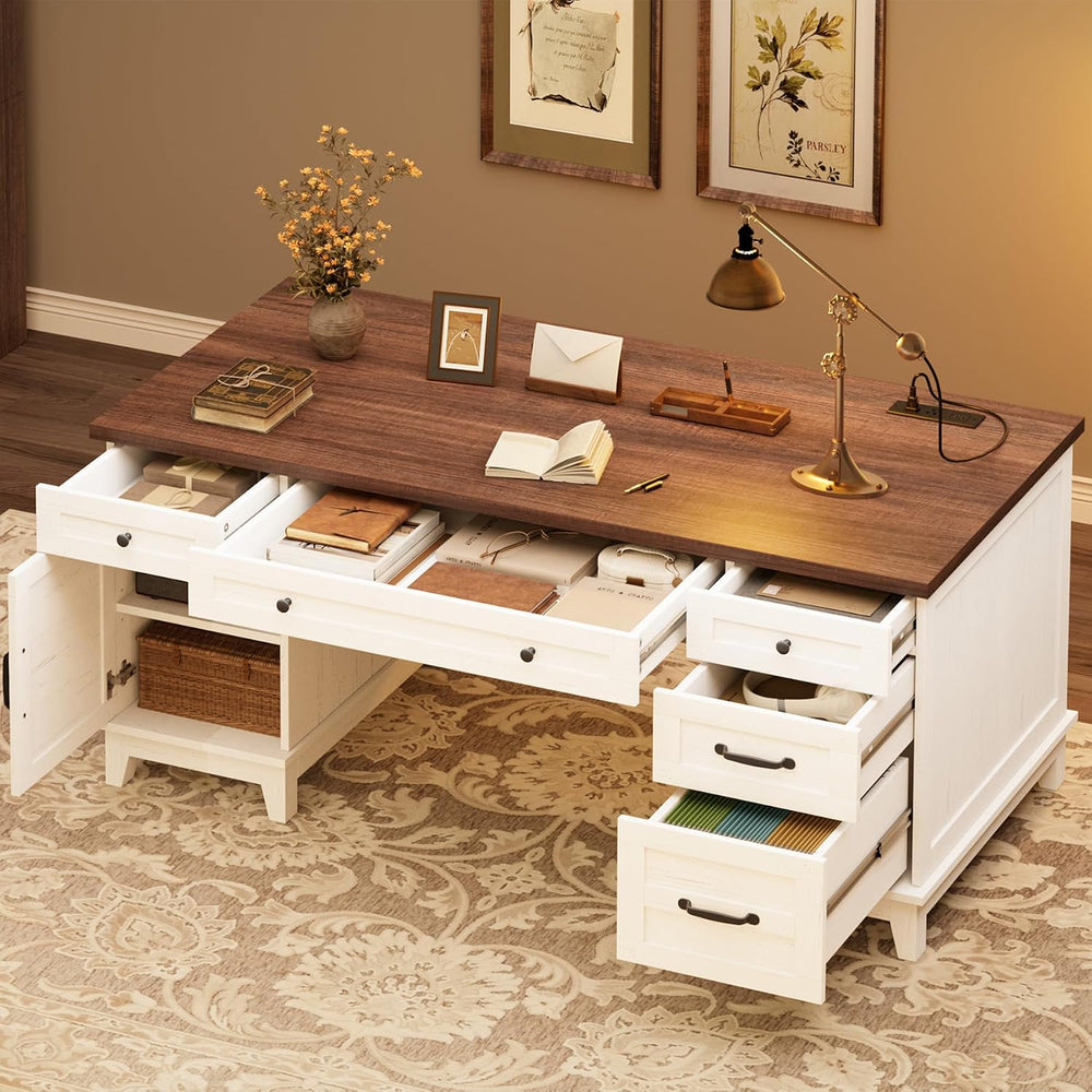 GarveeHome Executive Desk with File Drawers, Farmhouse Home Office Desk with ...