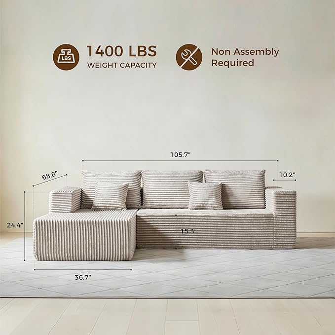 106" Corduroy Boneless Modular Sectional Sofa, Cloud-Louch Deep Seat Sofa with Left Chaise for Living Room & Bedroom(Left-Facing L-Shaped Chaise)
